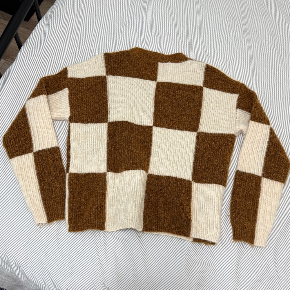 Alpaca Wool OS Checkered Crew Sweater Brown Cream - Picture 2 of 5